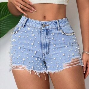 SHEIN Light Blue Pearl Studded Jean Shorts